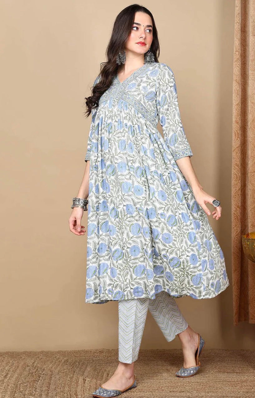 White & Blue Floral Printed Rayon Blend Kurta Set with Dupatta