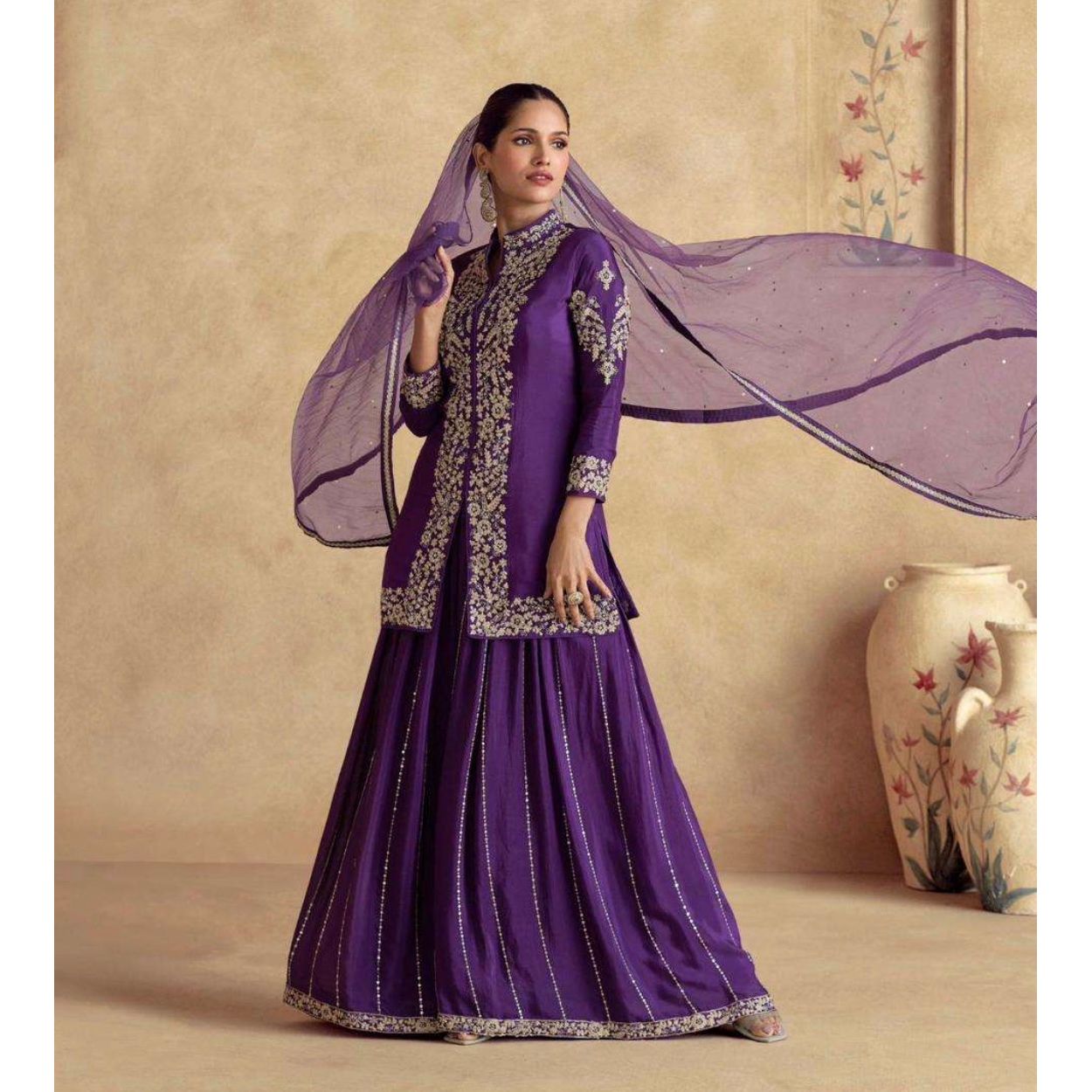 Festive Purple Chinon Silk Palazzo Set with Dupatta