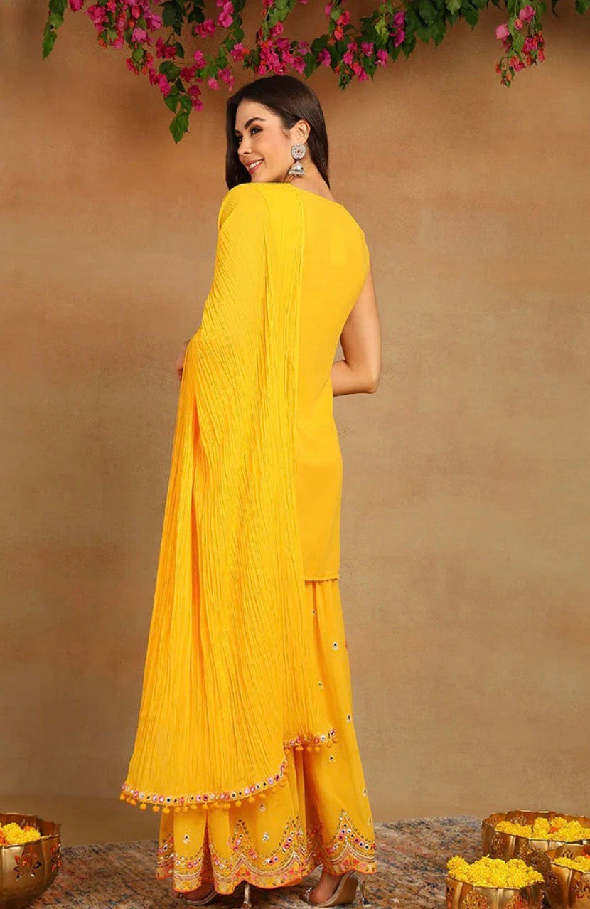 Yellow Georgette Solid Embroidered Straight Kurta Set