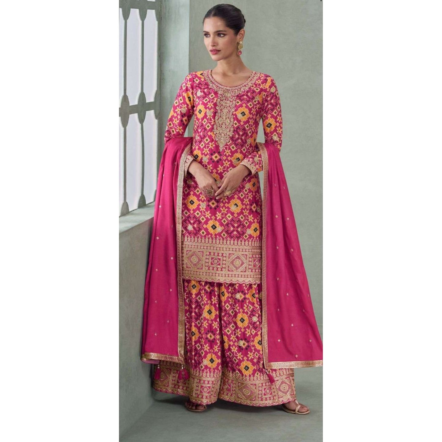 Blush Bloom – Pink Printed Chinon Silk Palazzo Set