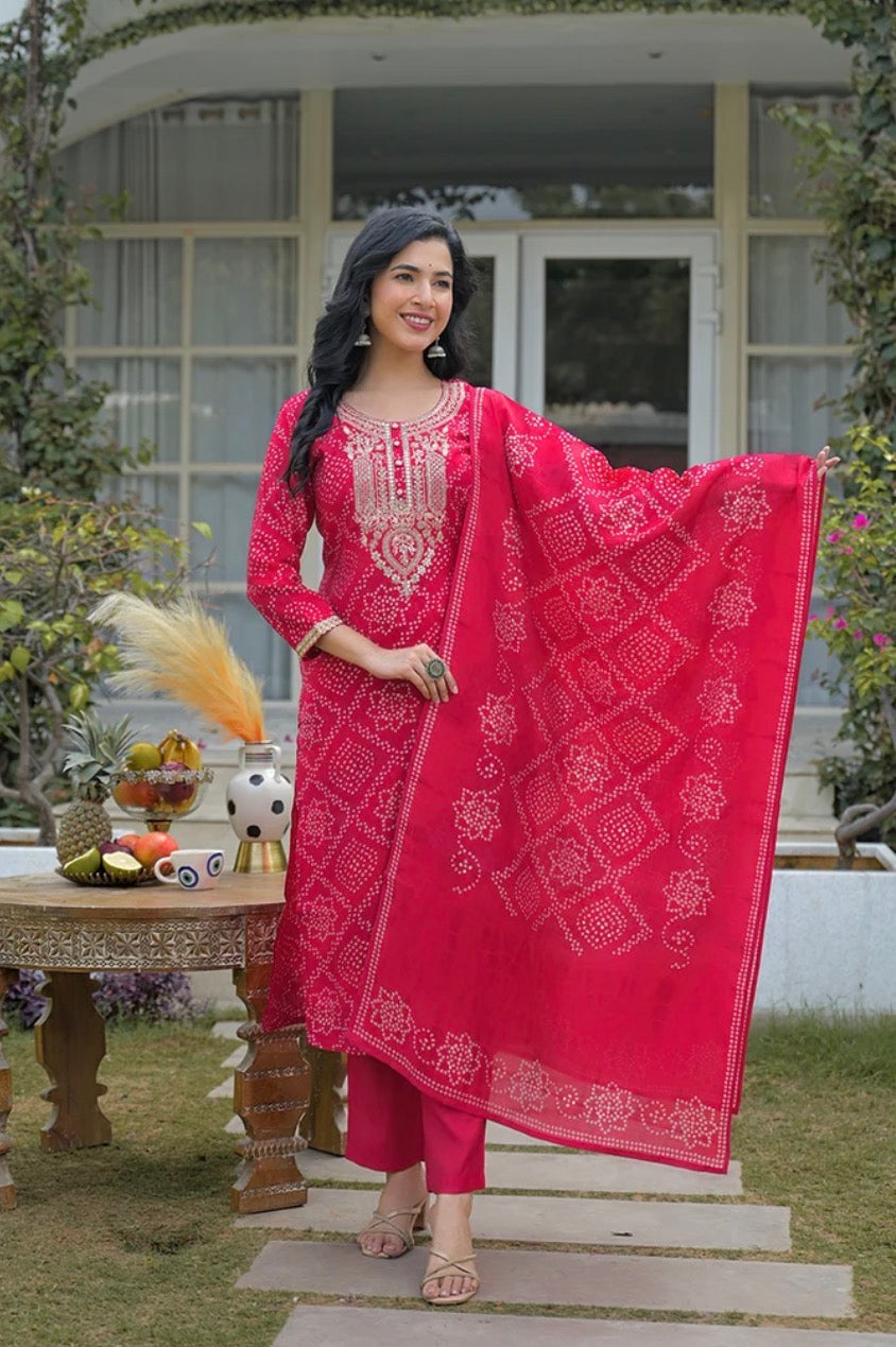 Red Silk Blend Bandhani Kurta Trousers With Dupatta