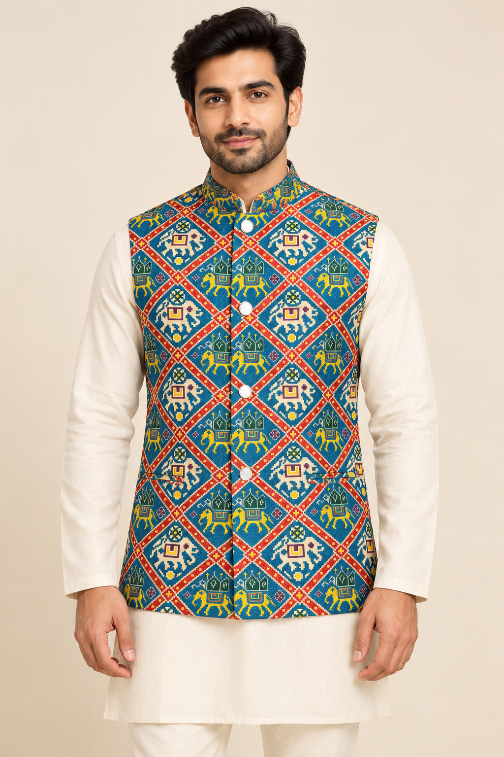Silk Blend Patola Print Mandarine Collar Koti