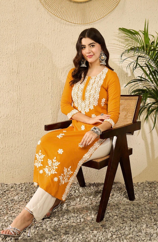 Mustard Yellow Embroidered Chikankari Straight Kurta