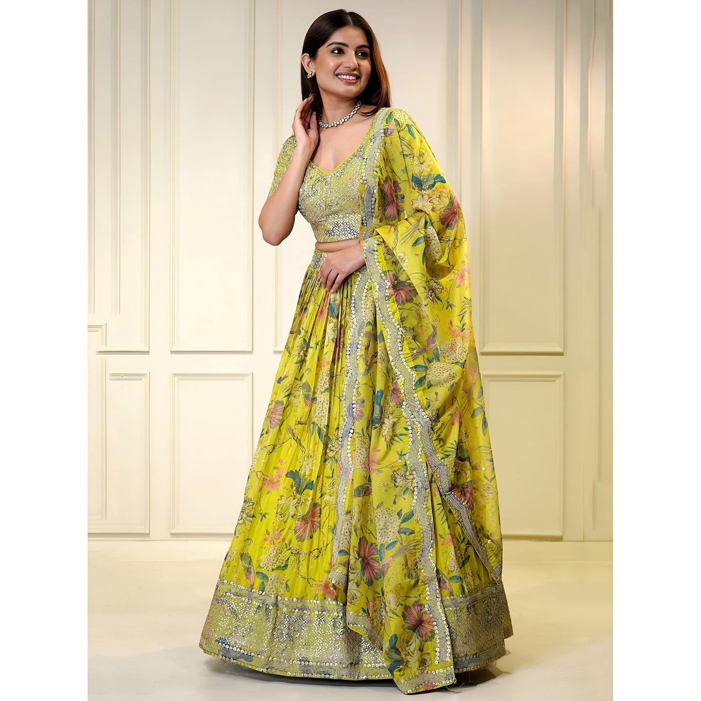 Yellow Floral Shimmer Organza Lehenga Set with Sequins & Zari Work