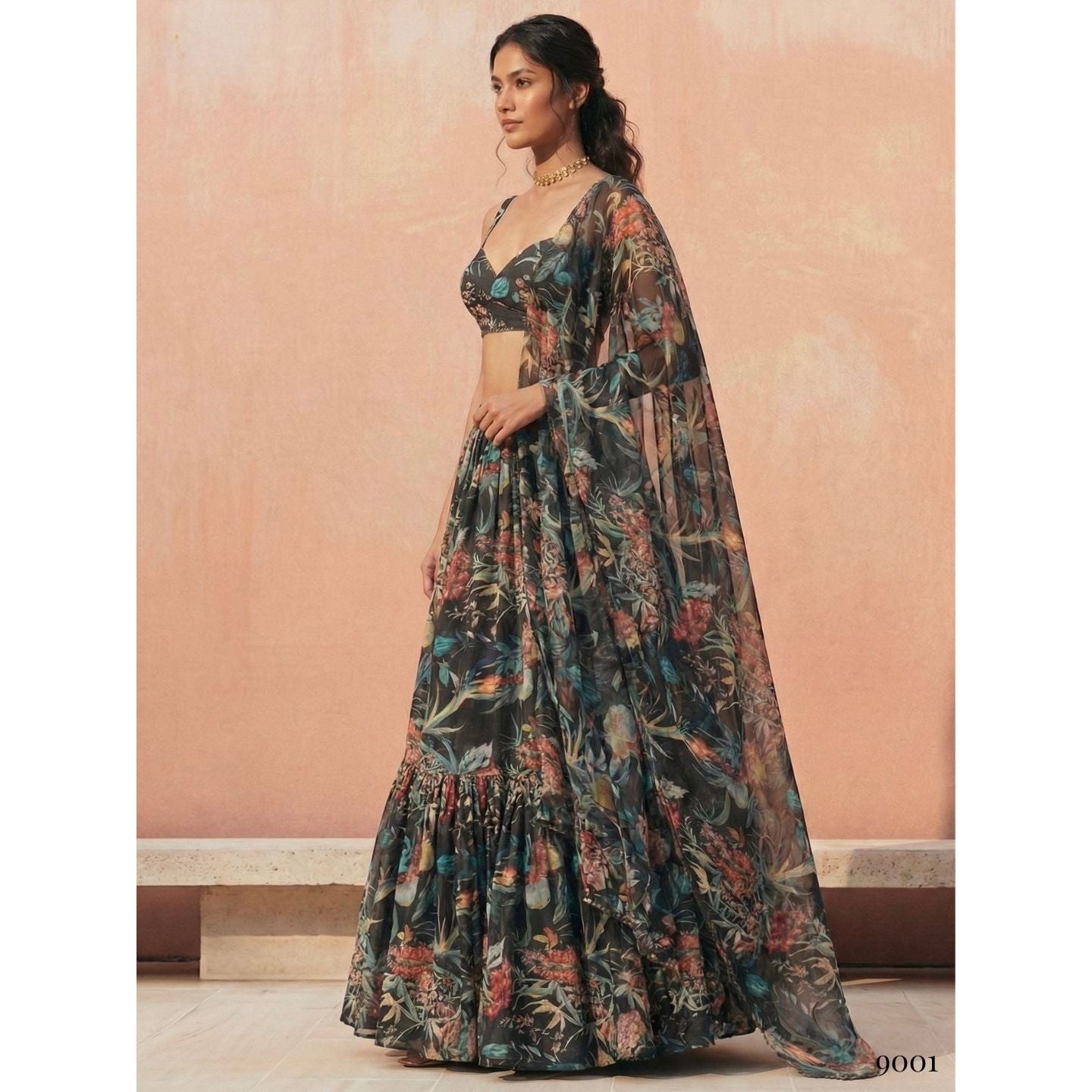 Georgette Printed Readymade Lehenga Set Black (3 Piece)