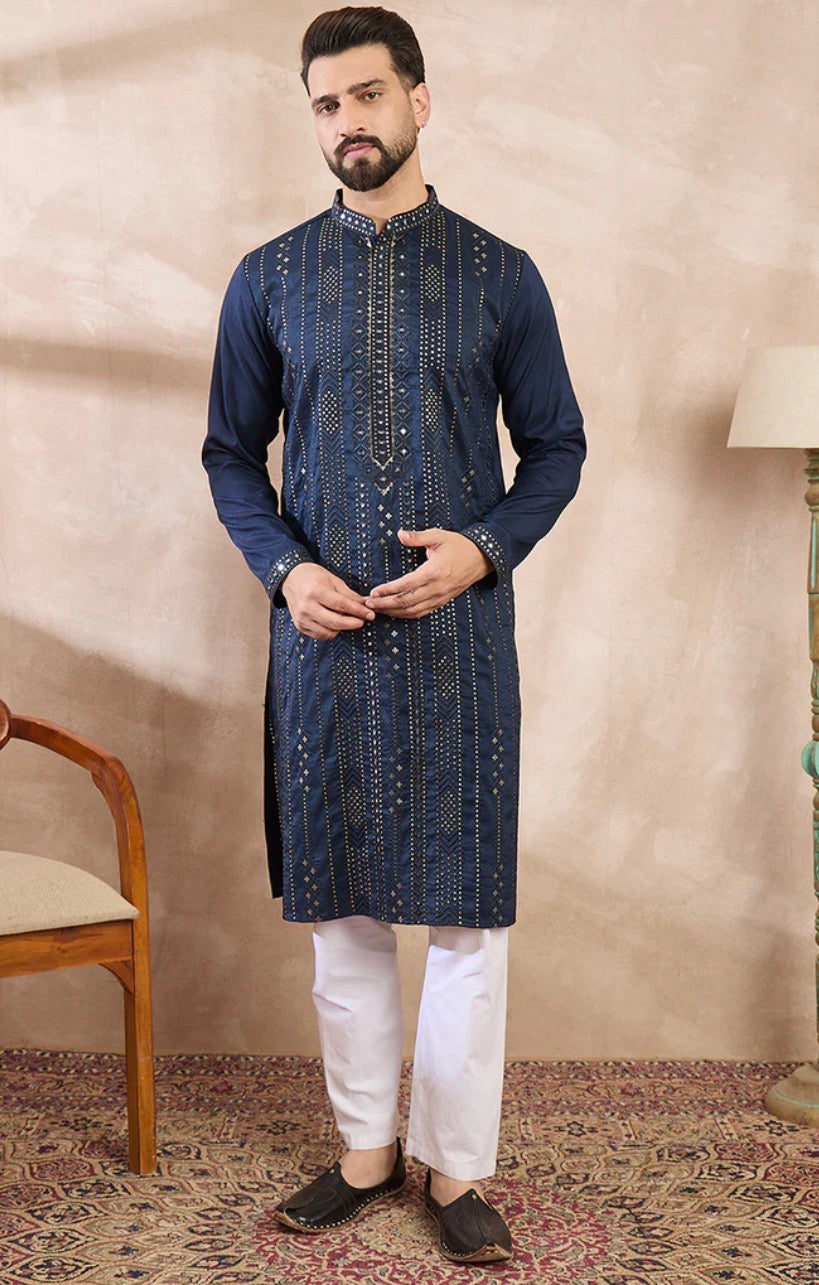 Blue Silk Blend Embroidered Straight Kurta With Trouser