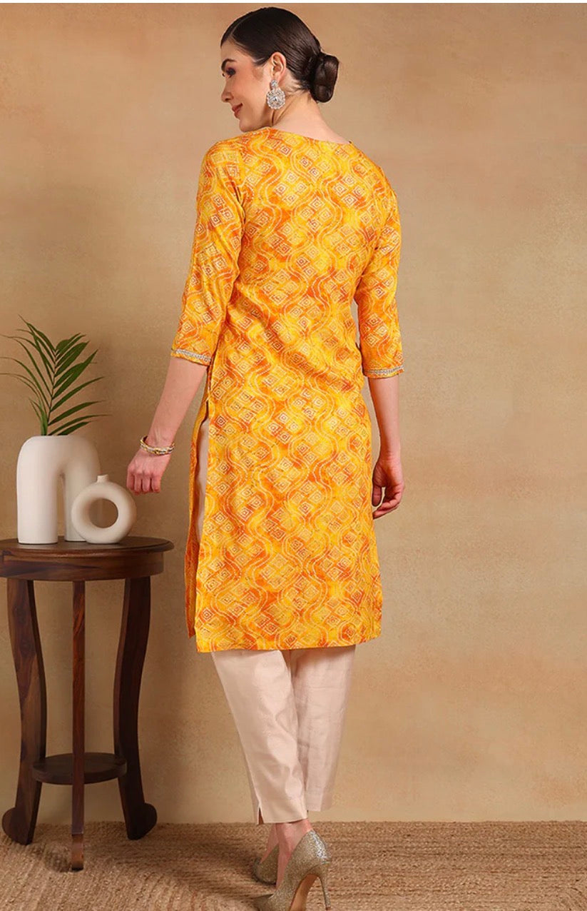 Yellow Viscose Rayon Bandhani Printed Straight Kurta