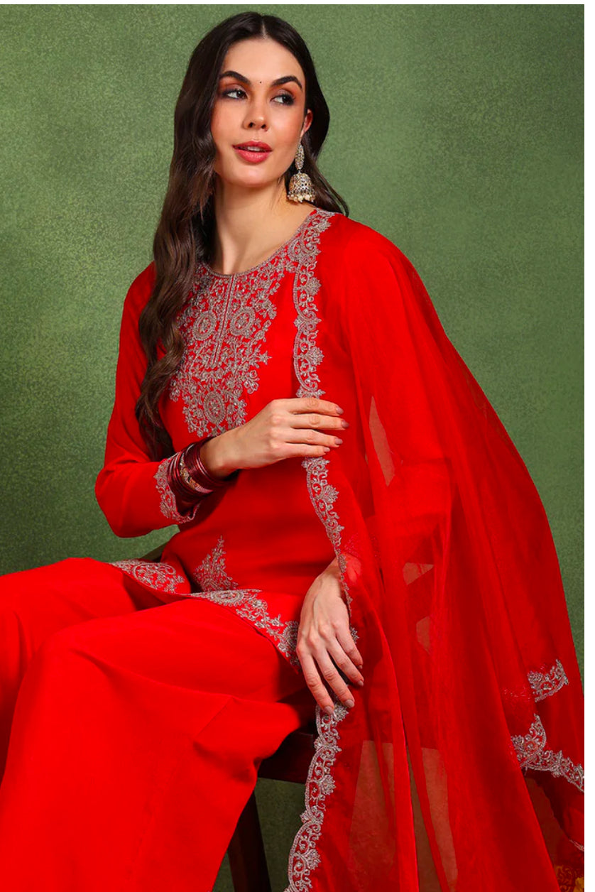 Red Silk Blend Embroidered Kurta Set for Women