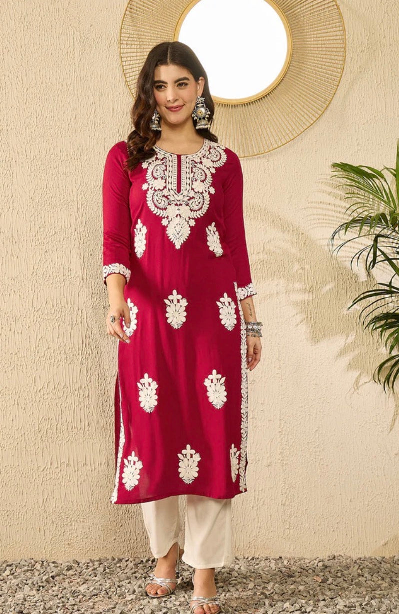 Red Viscose Rayon Solid Embroidered Chikankari Straight Kurta