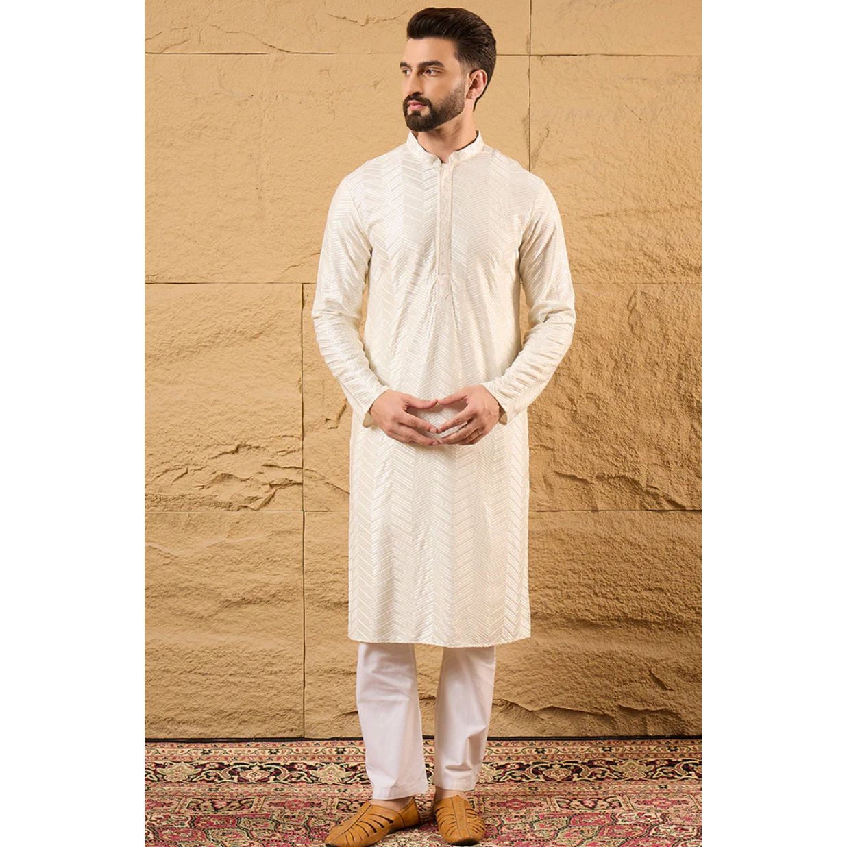 Off White Viscose Rayon Chevron Embroidered Straight Kurta