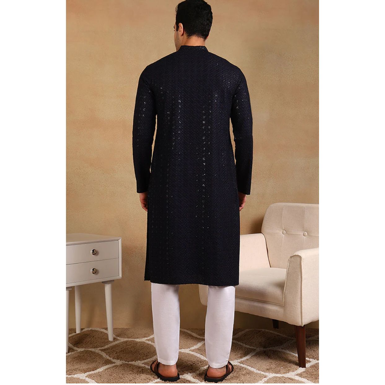Navy Blue Viscose Rayon Solid Embroidered Straight Kurta For Men