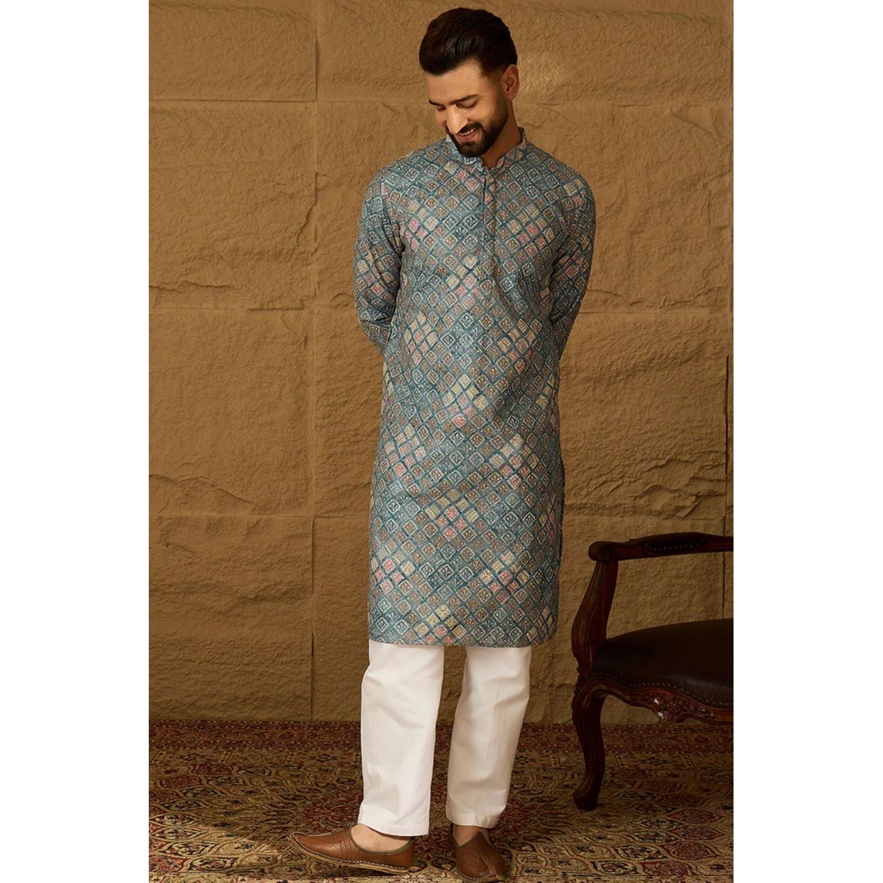Blue Viscose Rayon Abstract Embroidered Straight Kurta