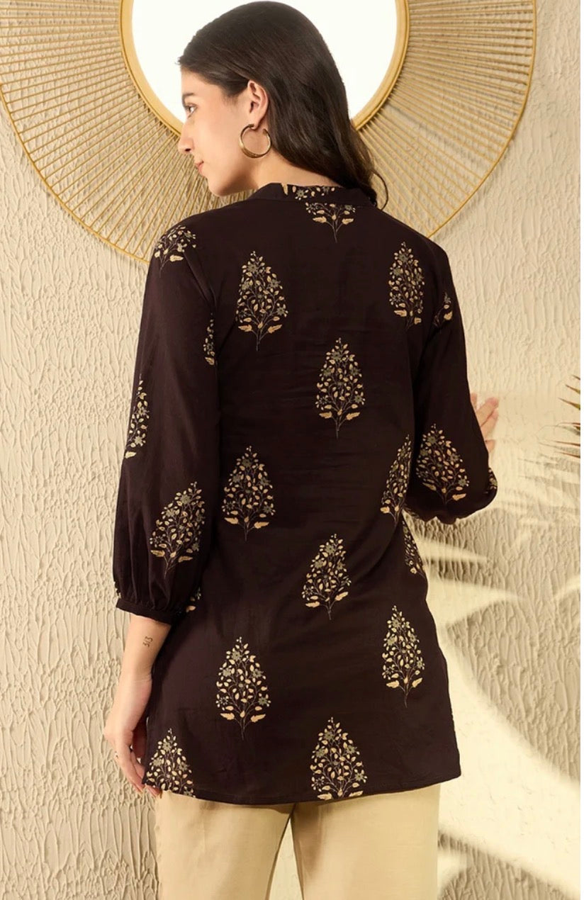 Brown Cotton Blend Ethnic Motifs Printed Tunic Top