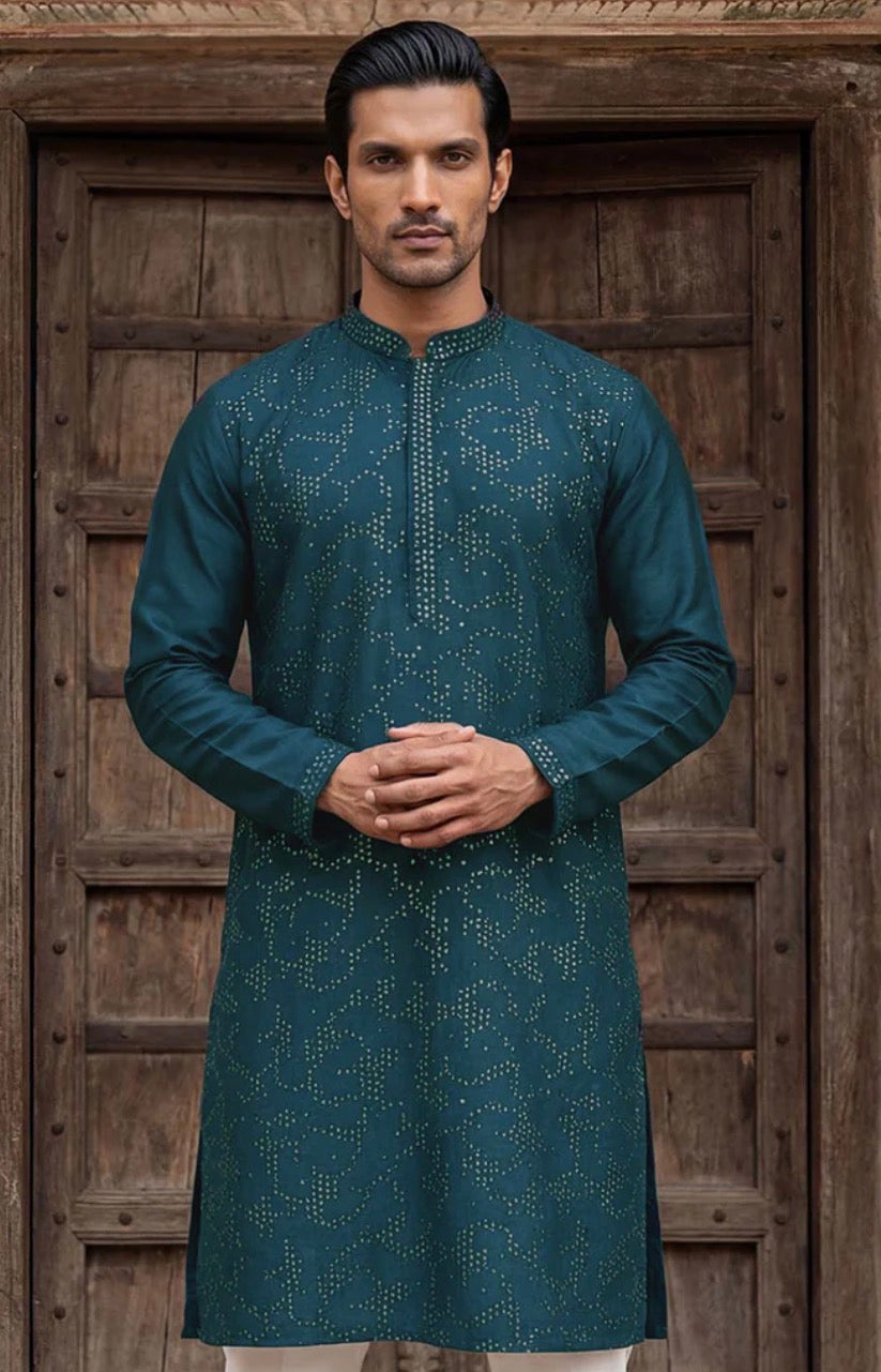 Teal Embellished Silk Kurta with Sequin Detailing | Men's Ethnic Wear