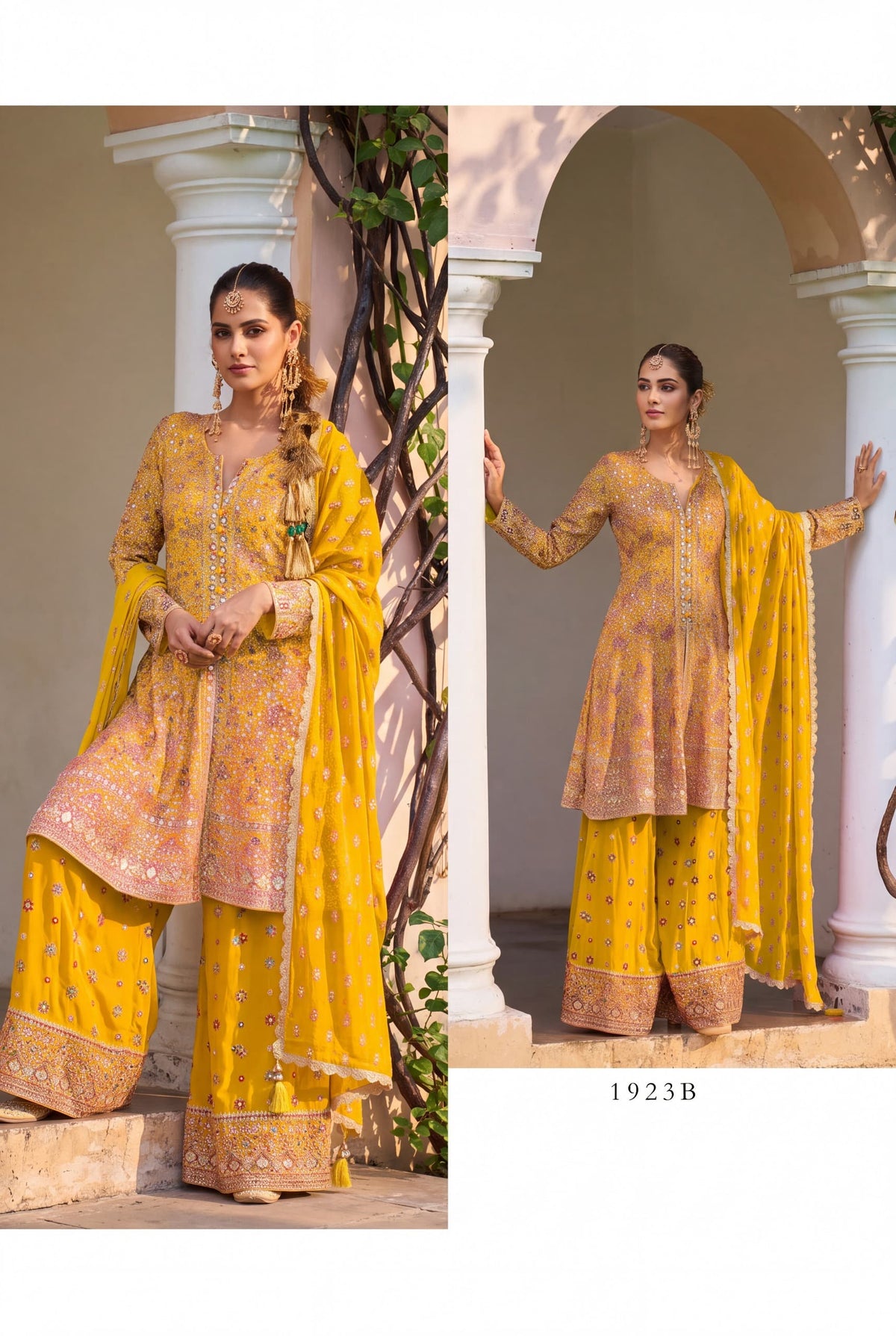 Embroidered Georgette Palazzo Suit with Dupatta – Pink, Purple & Yellow