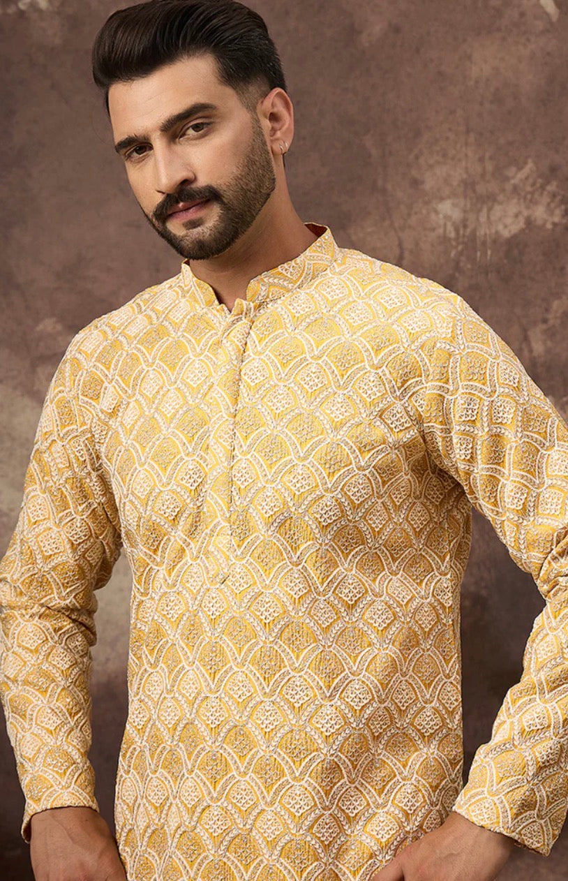 Yellow Viscose Rayon Solid Embroidered Straight Kurta