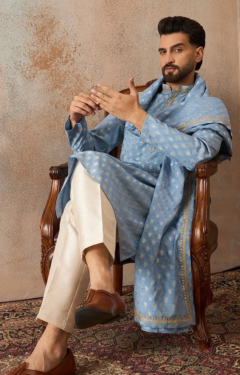 Blue Jacquard Woven Design Floral Straight Kurta Set