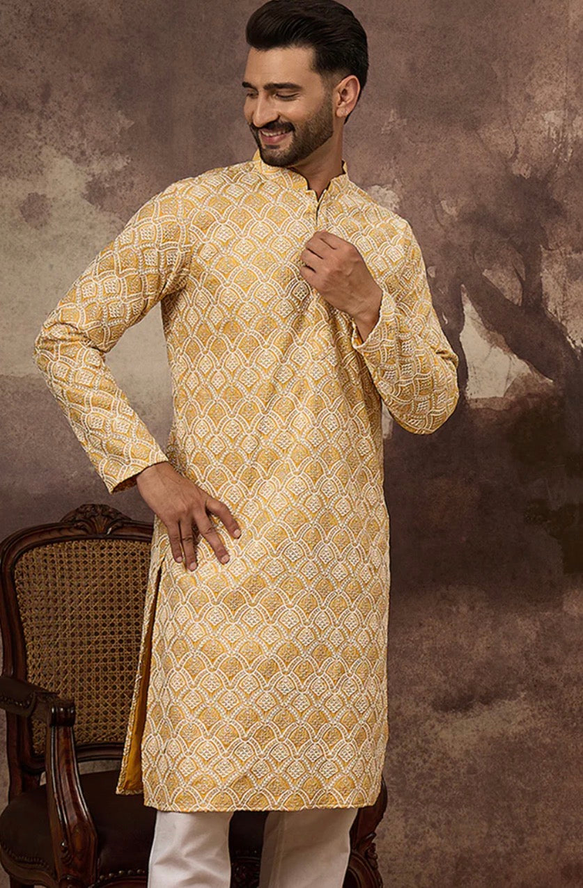 Yellow Viscose Rayon Solid Embroidered Straight Kurta