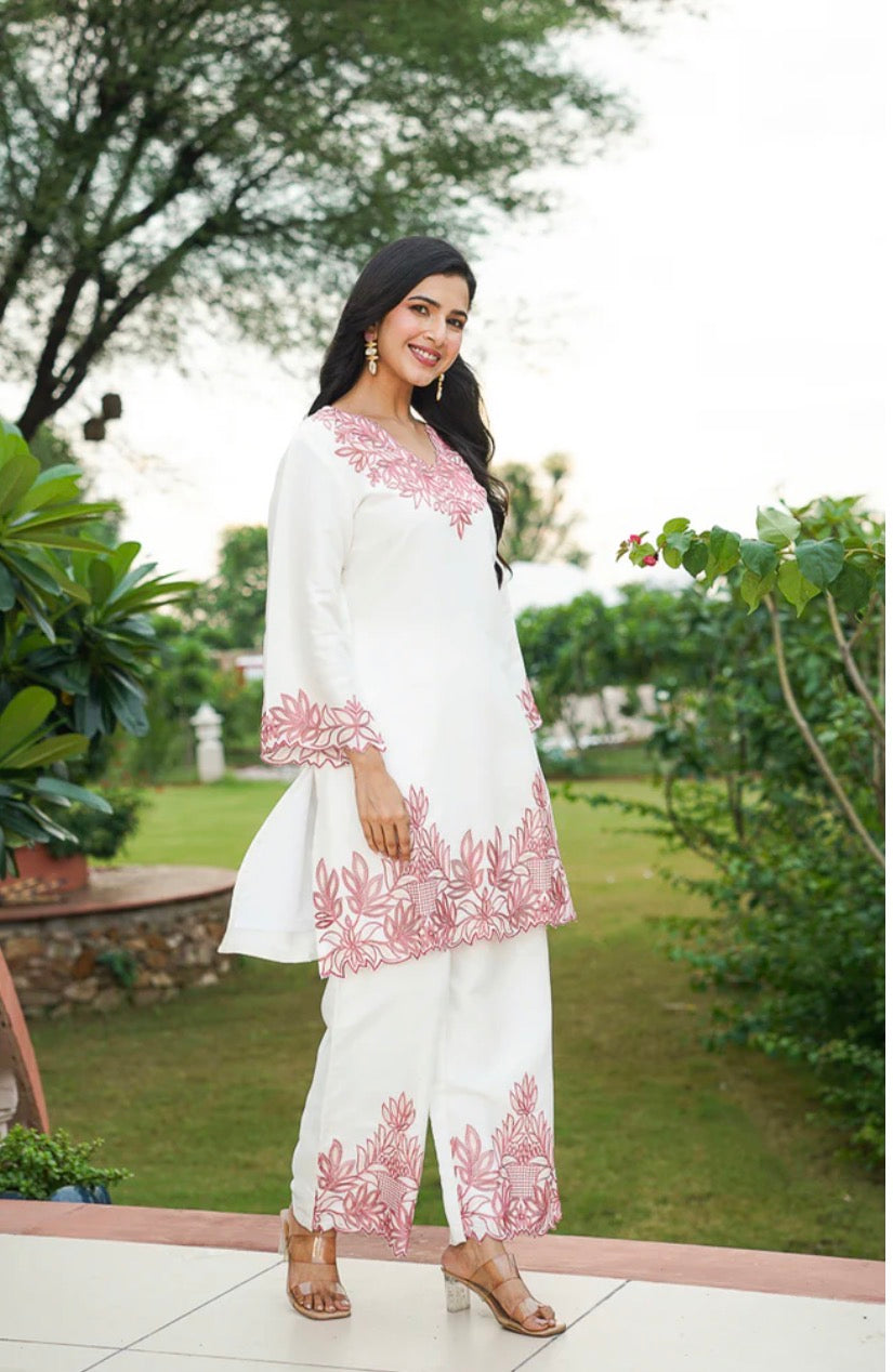 White Silk Blend Embroidered Straight Coord Sets