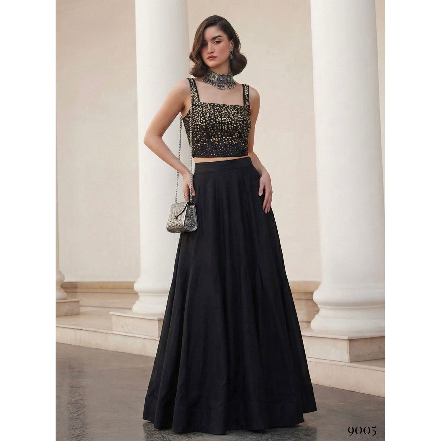 Black Soft Silk Readymade Lehenga Set with Sequin Blouse (2-Piece) Pre Order