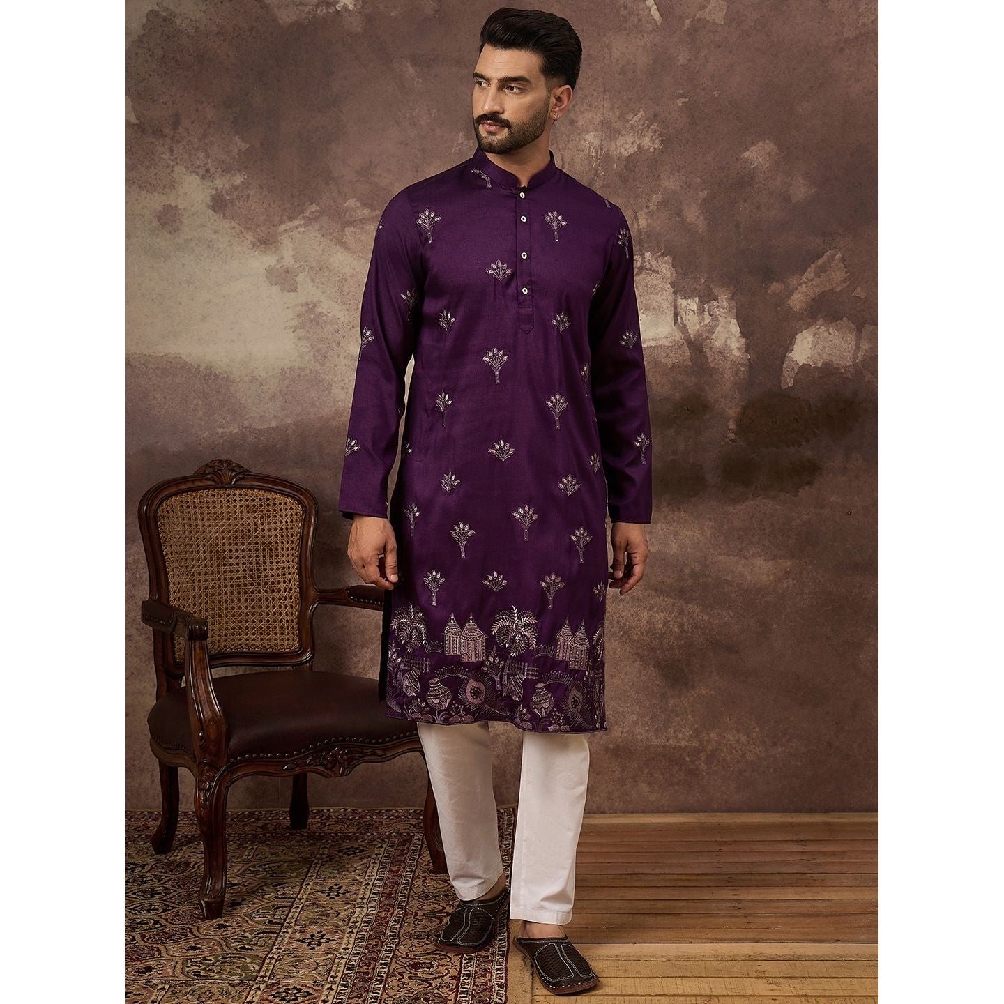 Purple Silk Blend Solid Embroidered Straight Kurta