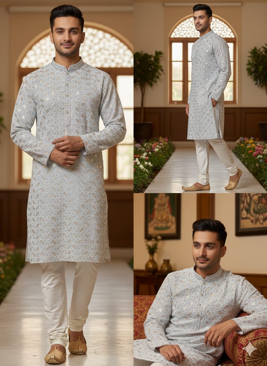 Men’s Chikankari / Sequin Work Kurta Set : Grey