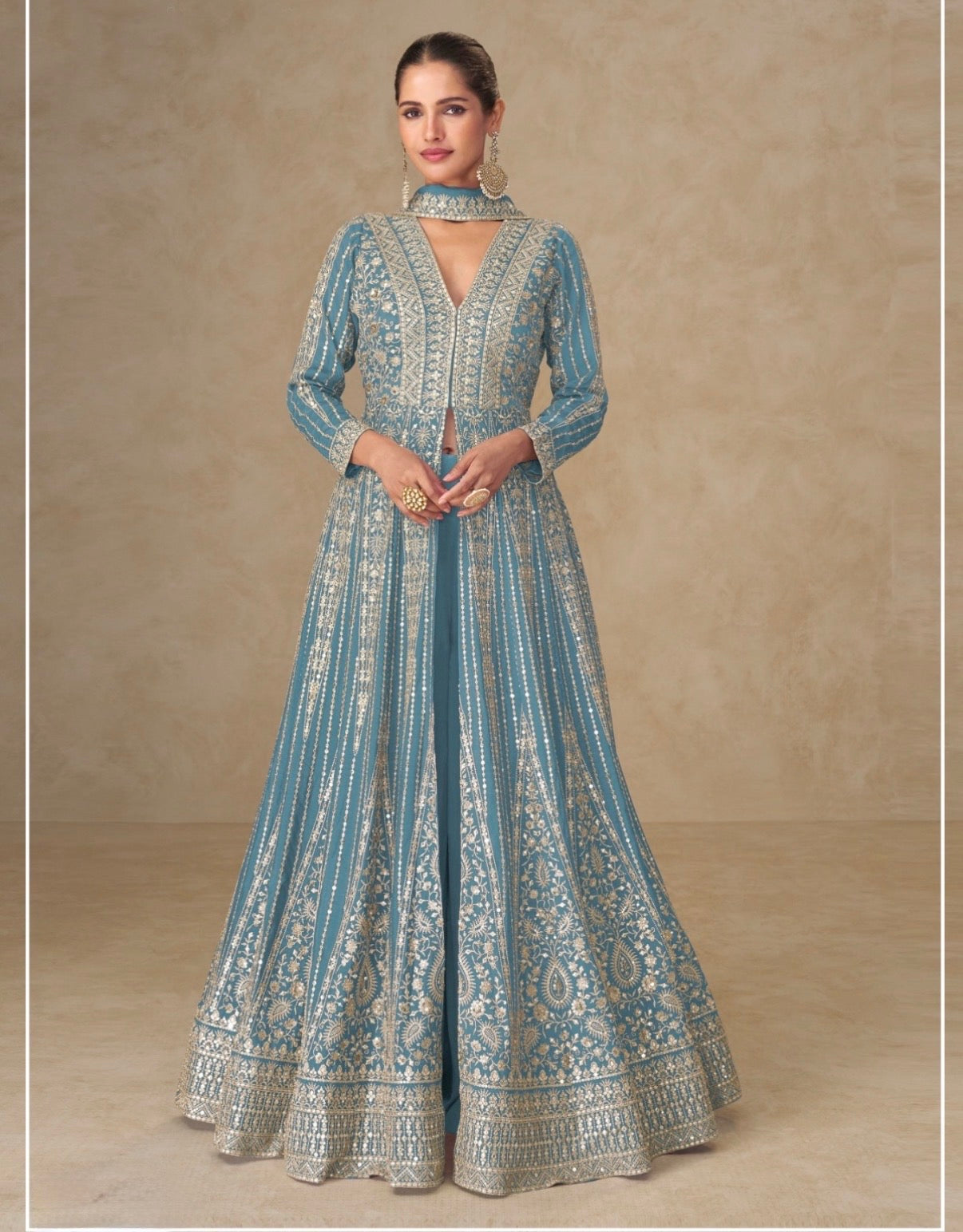Elegant Chinon Silk Embroidered Anarkali Set with Palazzo & Dupatta