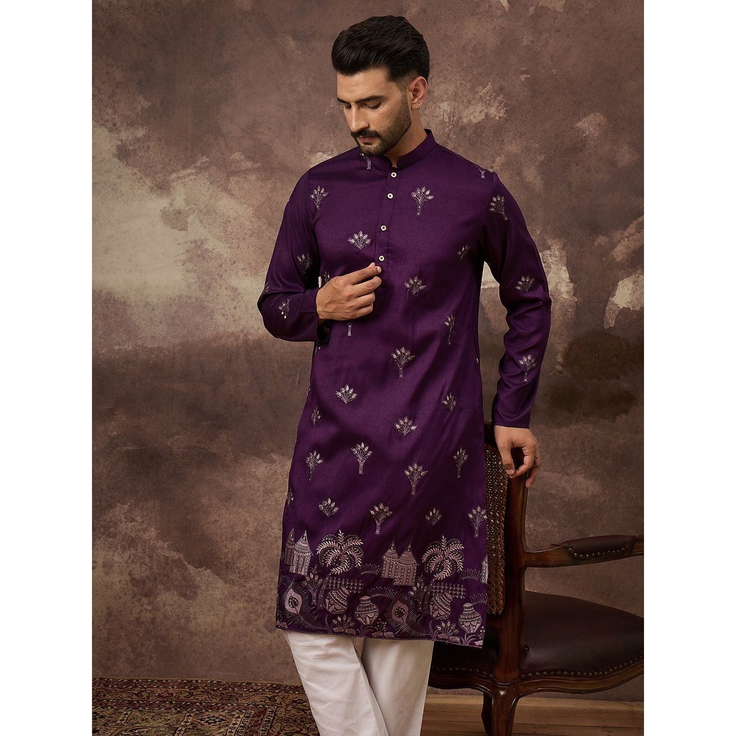 Purple Silk Blend Solid Embroidered Straight Kurta