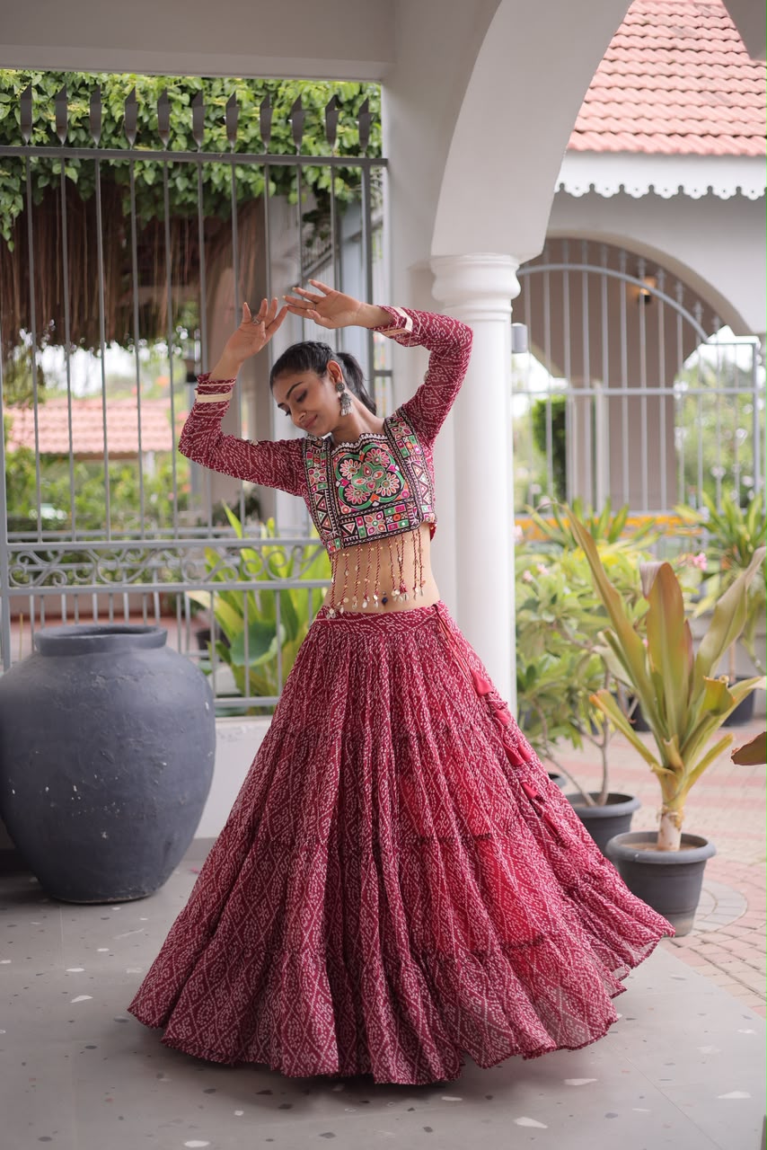 Garba Glow – Bandhani Print Lehenga Choli with Kutchi Patchwork