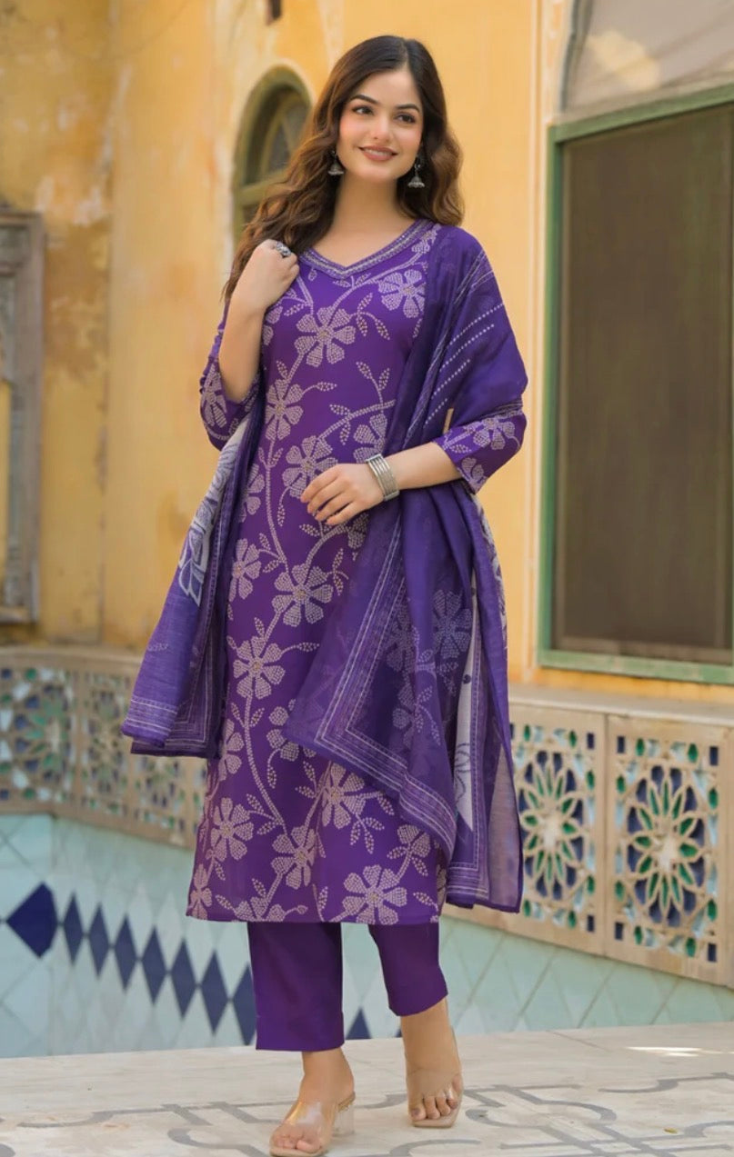 Purple Rayon Blend Bandhani Printed Straight Kurta Trouser With Dupatta