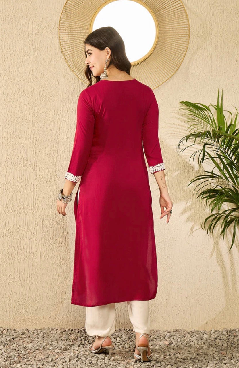 Red Viscose Rayon Solid Embroidered Chikankari Straight Kurta