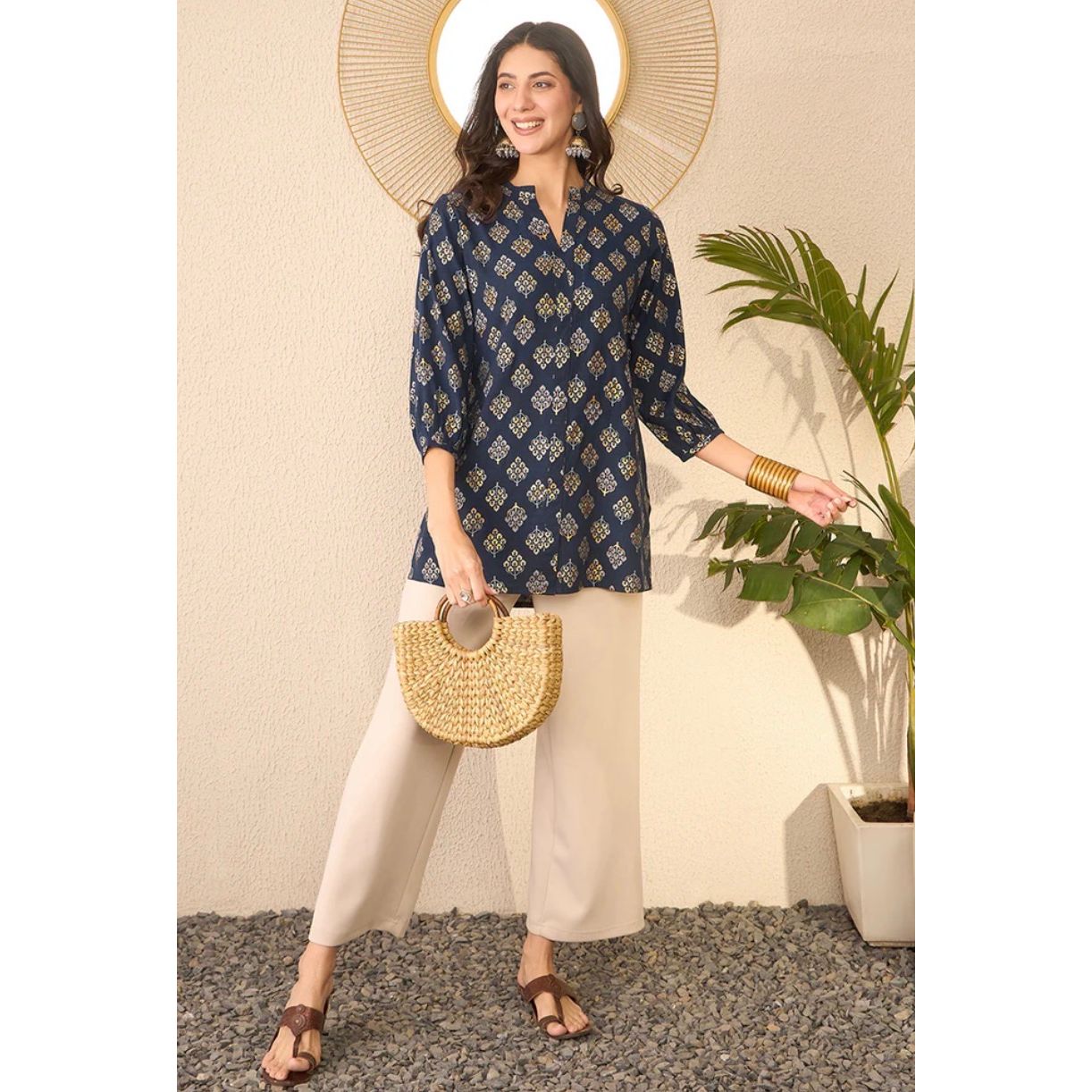 Navy Blue Cotton Blend Floral Printed Regular Top