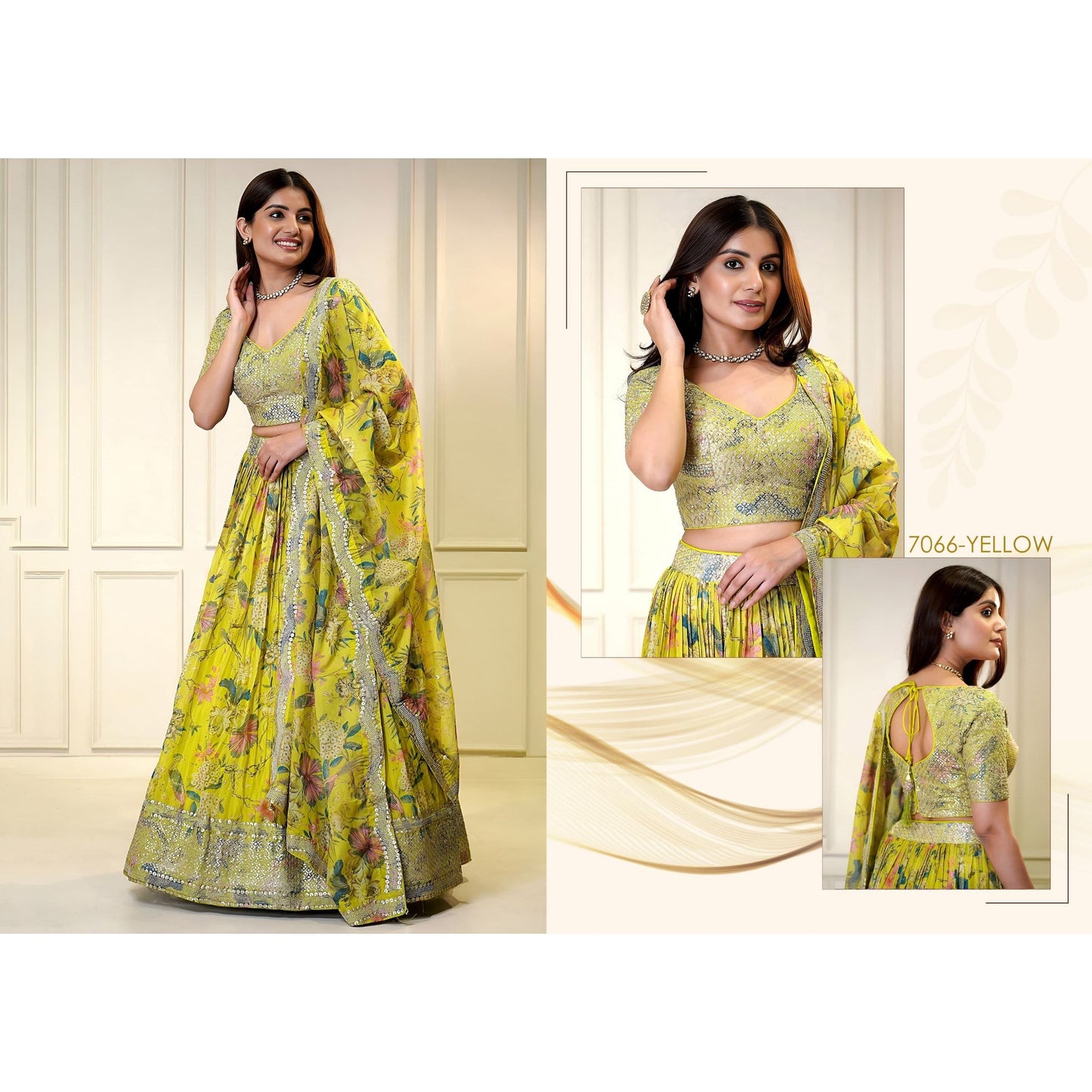 Yellow Floral Shimmer Organza Lehenga Set with Sequins & Zari Work