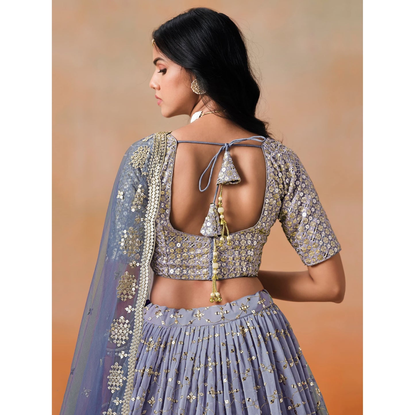 Georgette Lehenga Choli Set with Sequins & Zari Embroidery : Blue (Pre Order)