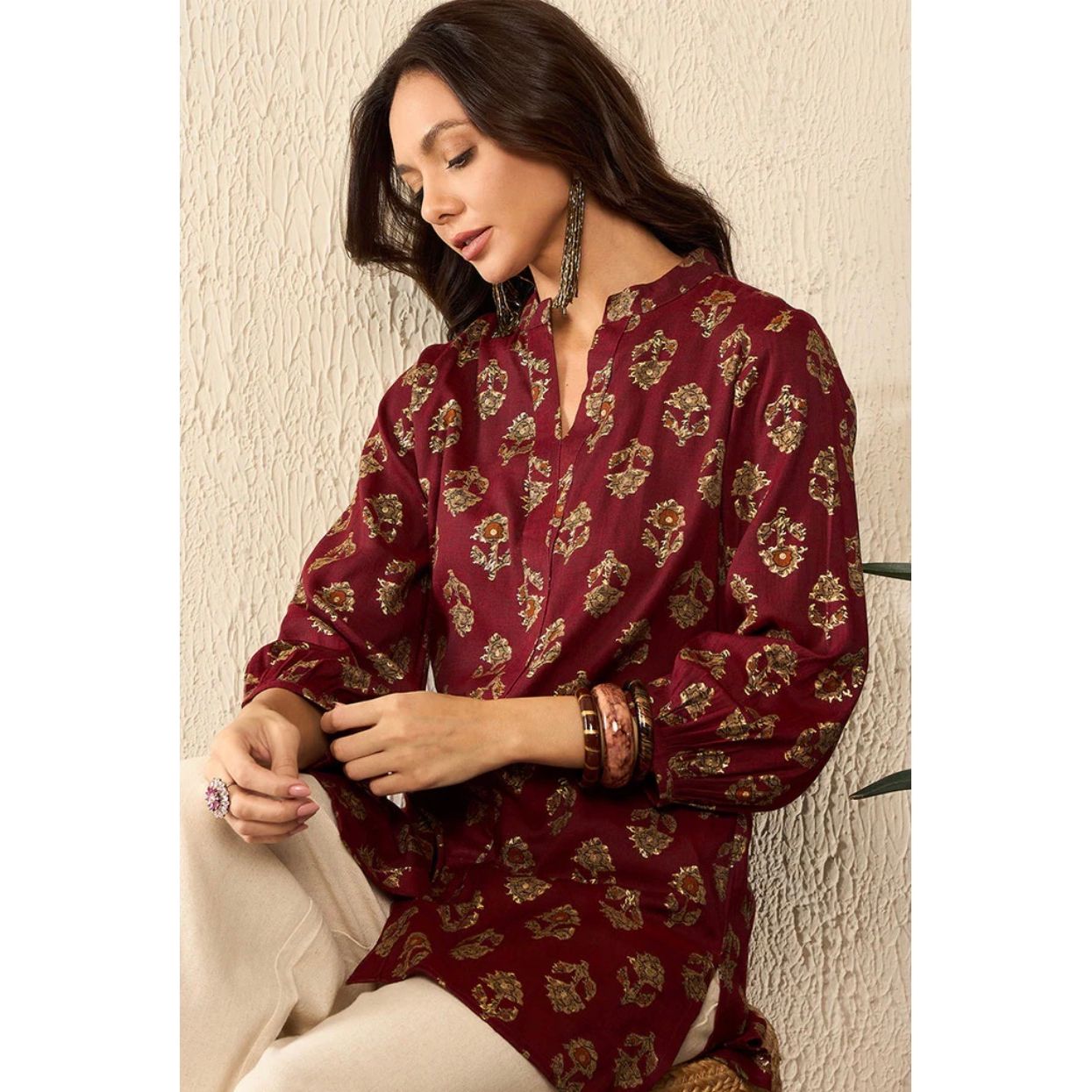 Maroon Cotton Blend Floral Printed Regular Top