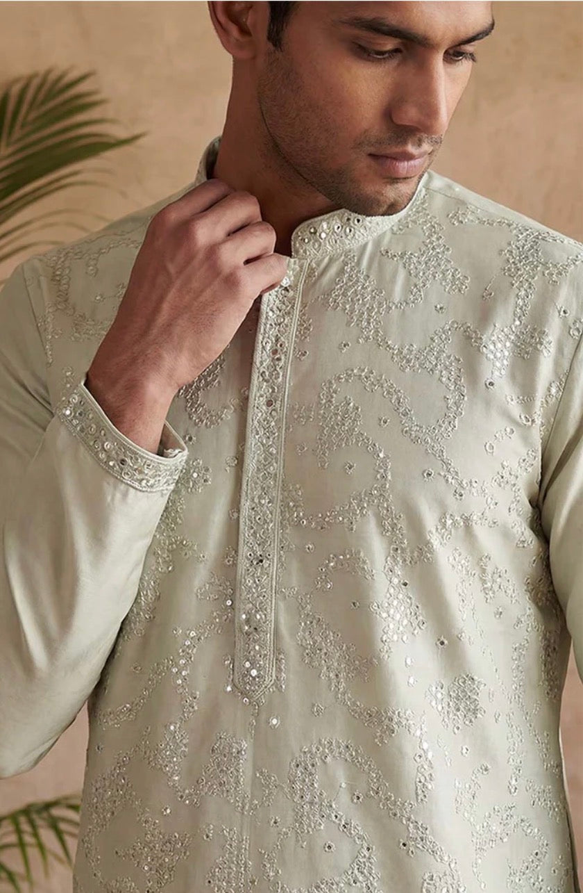 Sage Green Silk Blend Embroidered Straight Kurta for Men | Festive & Wedding Wear