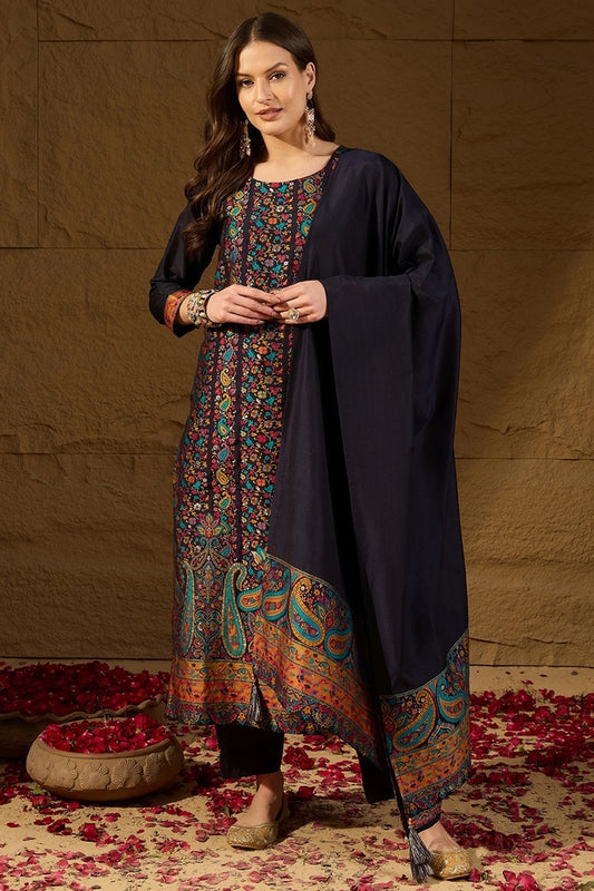 Navy Blue Chanderi Silk Kurta Set