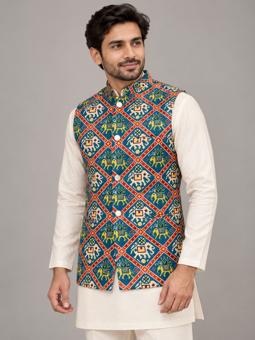 Silk Blend Patola Print Mandarine Collar Koti
