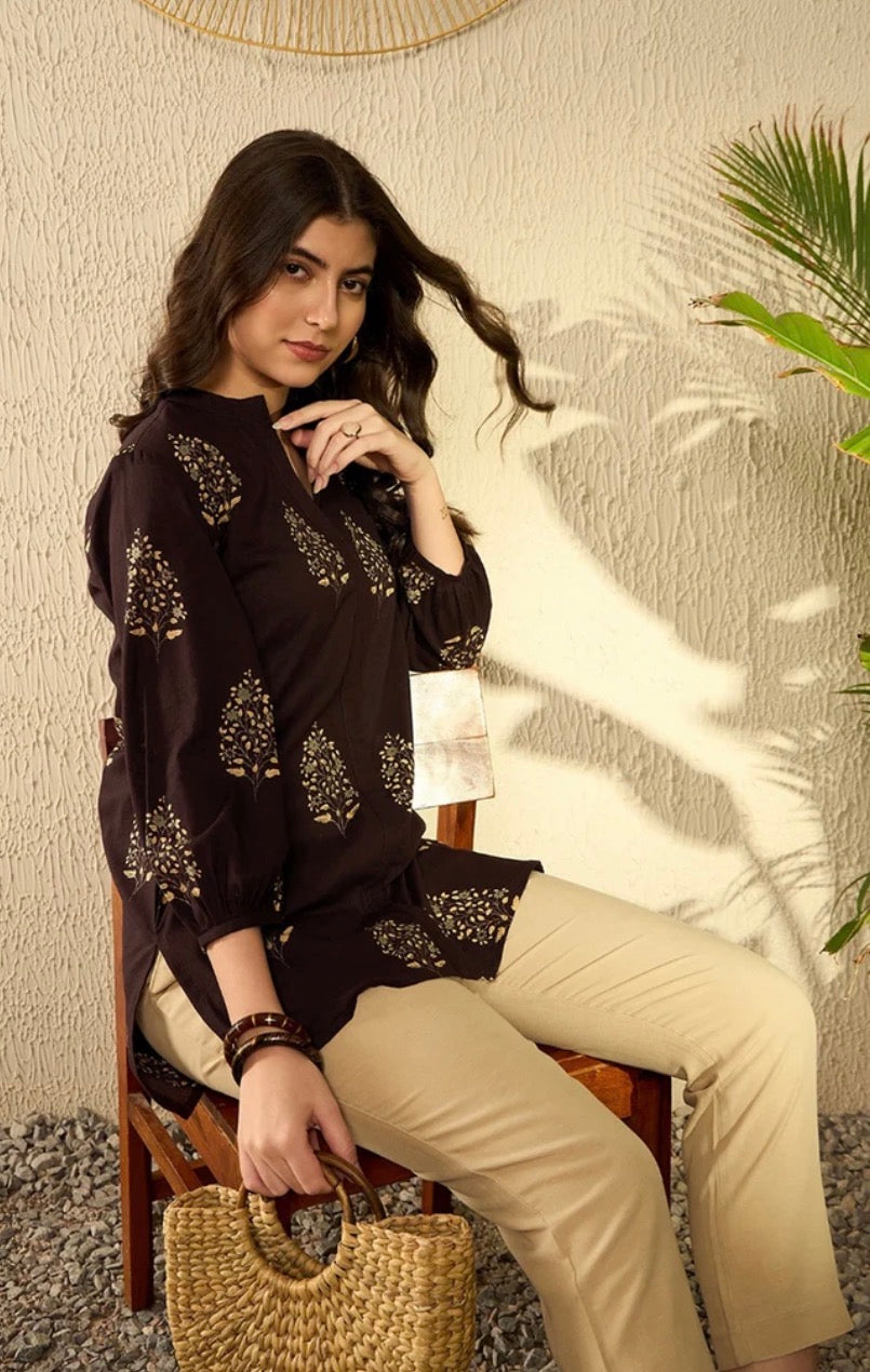 Brown Cotton Blend Ethnic Motifs Printed Tunic Top