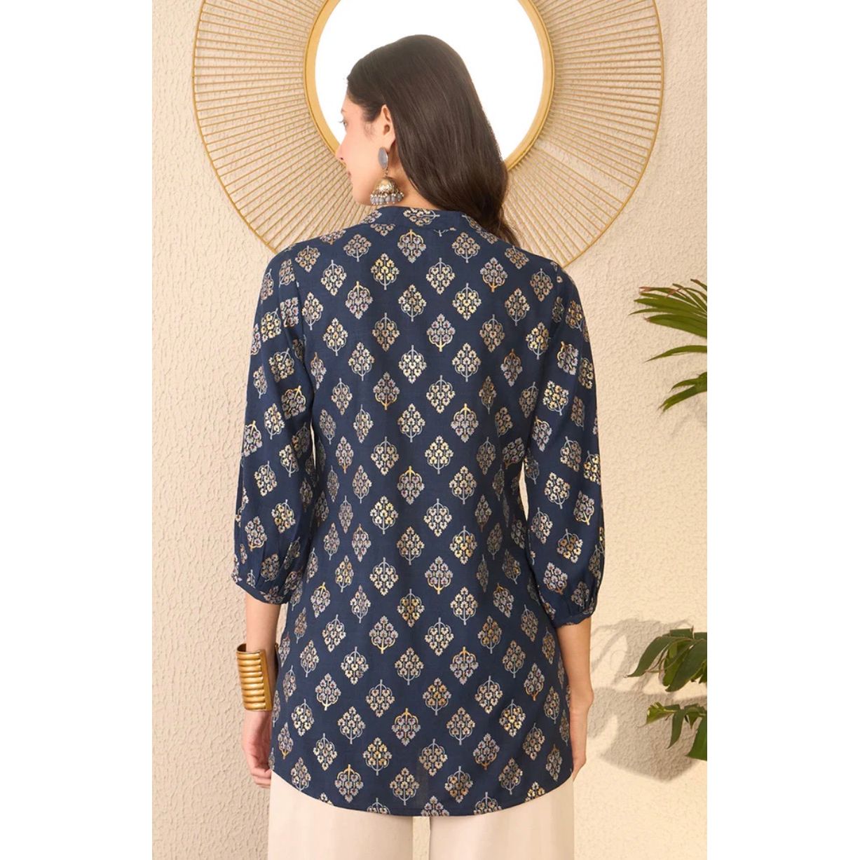 Navy Blue Cotton Blend Floral Printed Regular Top