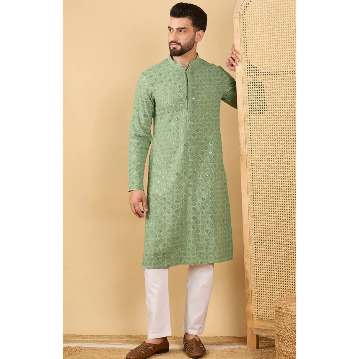 Green Viscose Rayon Solid Embroidered Straight Chikankari Kurta