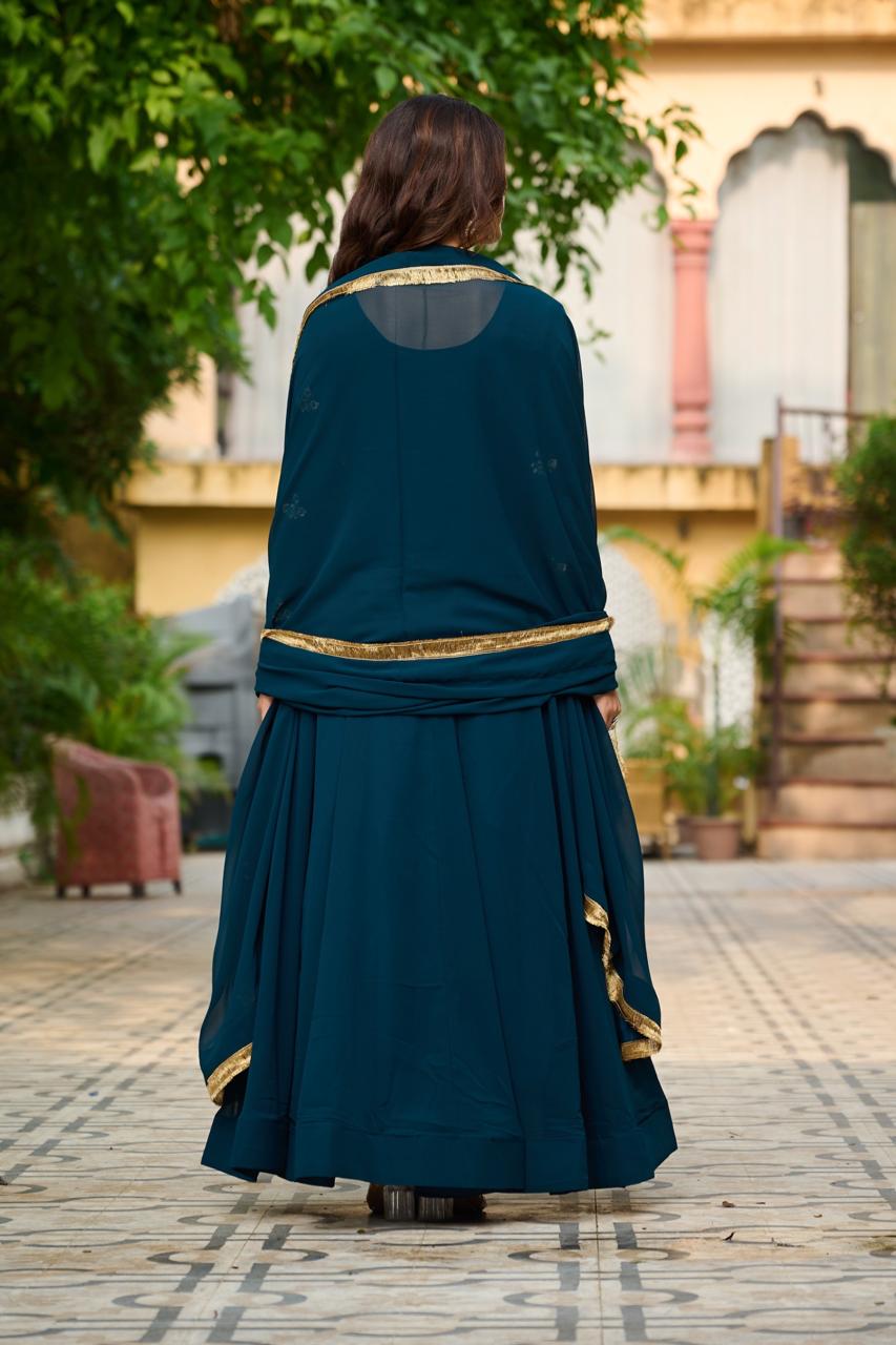 Maroon & Rama Green Festive Gown-Dupatta Set with Sequins Embroidery