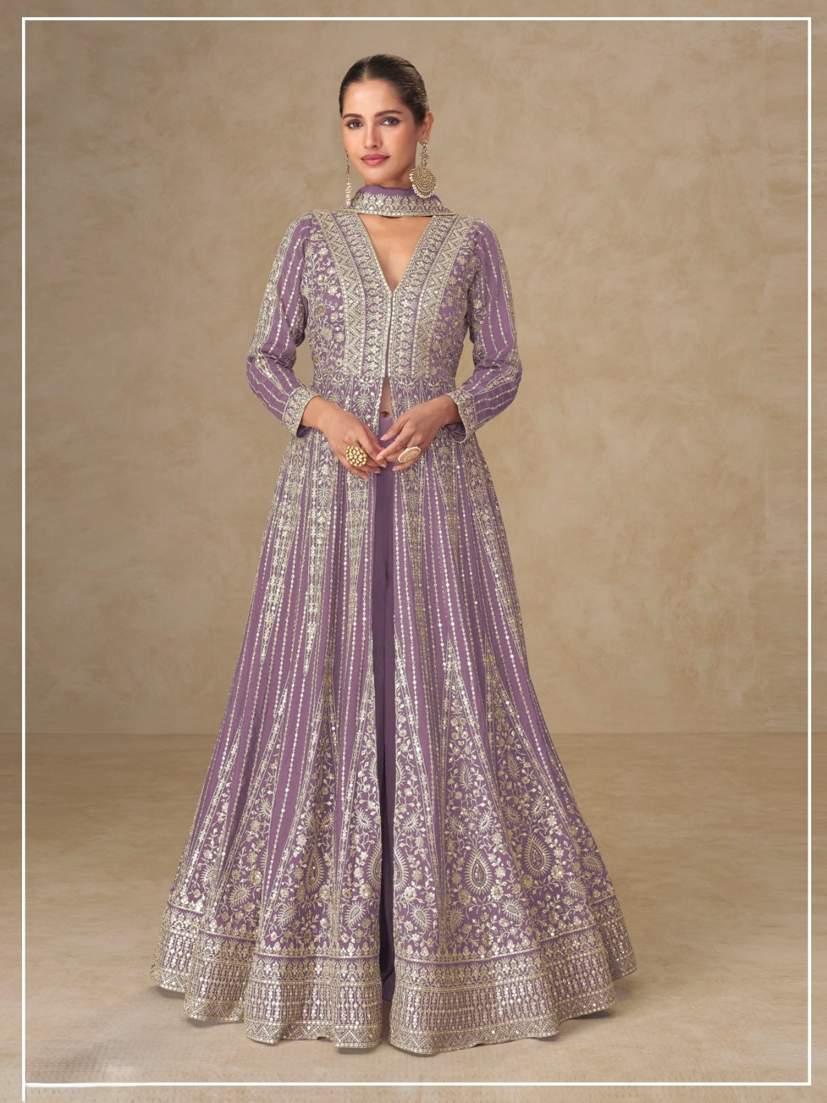Elegant Chinon Silk Embroidered Anarkali Set with Palazzo & Dupatta