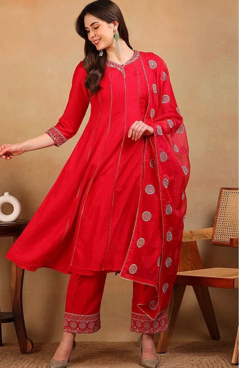 Red Silk Blend Flared Empire Kurta Set