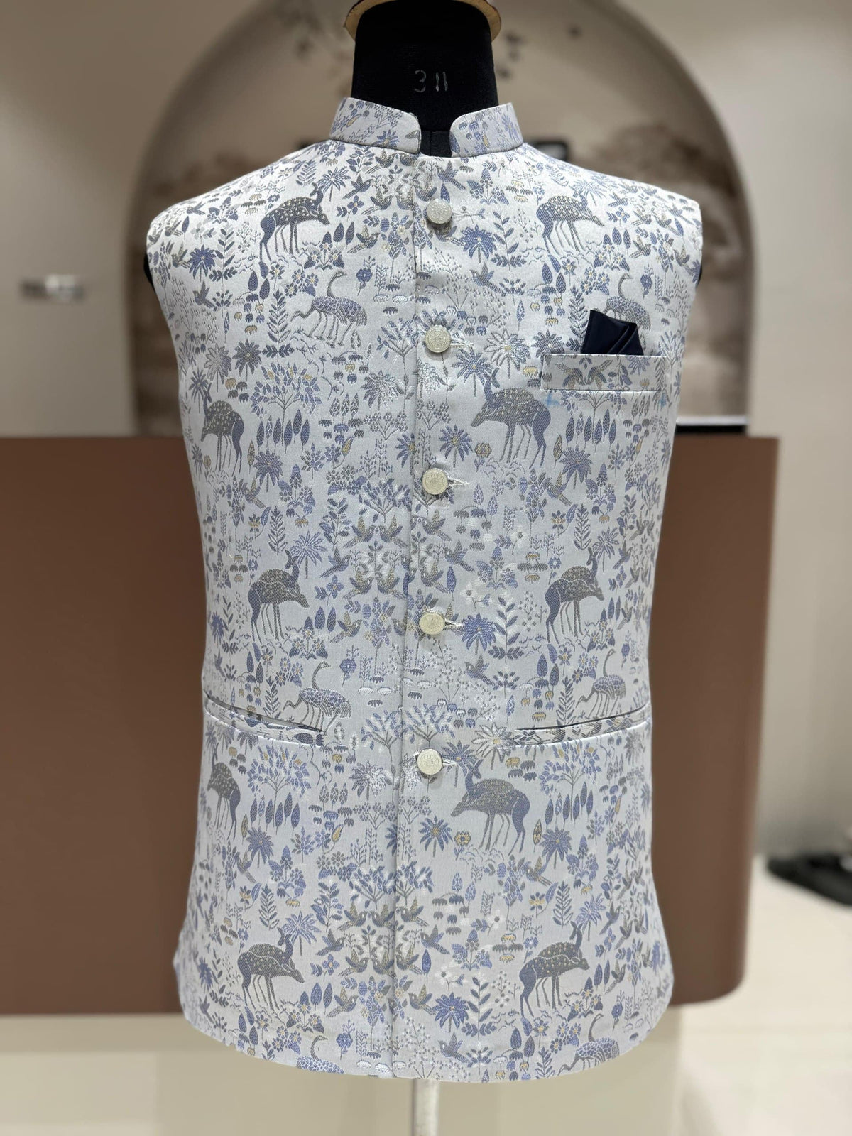Men's Ivory & Blue Forest Print Jacquard Nehru Jacket | Indian Wedding & Festive Wear