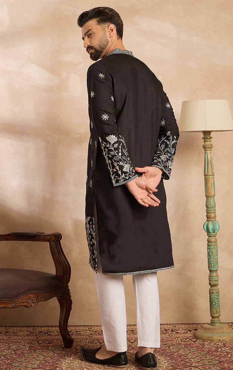 Black Silk Blend Solid Embroidered Straight Kurta With Trouser