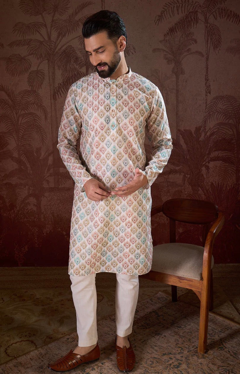 Off White Silk Blend Ethnic Motifs Printed Straight Kurta