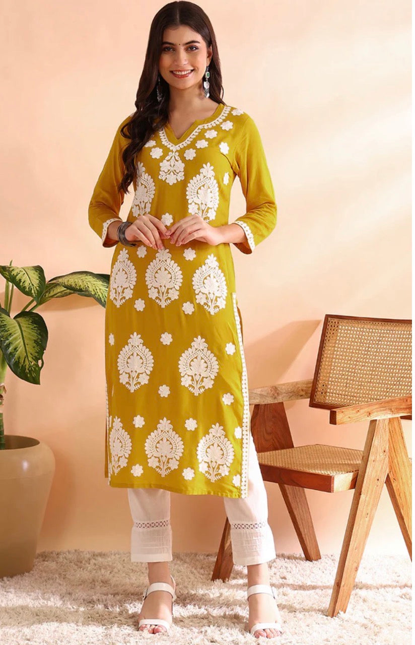 Mustard Yellow Chikankari Straight Kurta