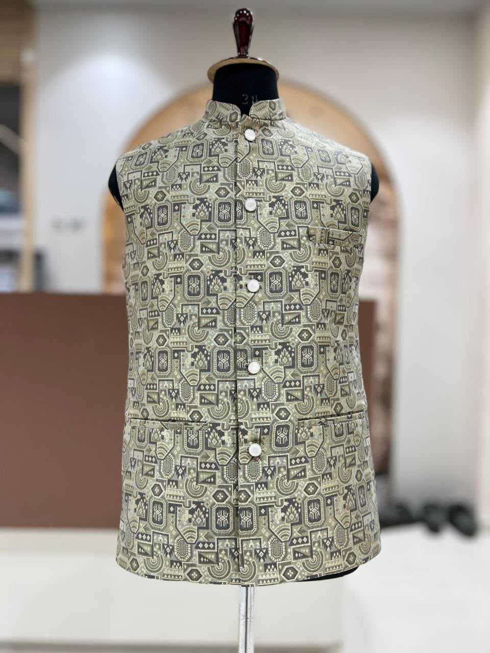 Men's Sage Green & Charcoal Geometric Jacquard Nehru Jacket | Indian Festive & Wedding Wear