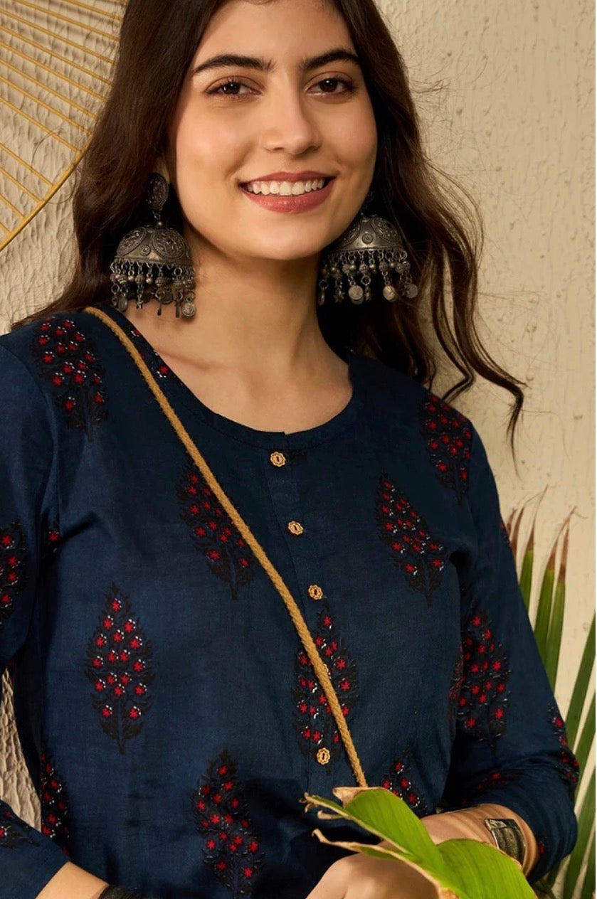 Navy Blue Cotton Blend Ethnic Motifs Printed Tunic Top